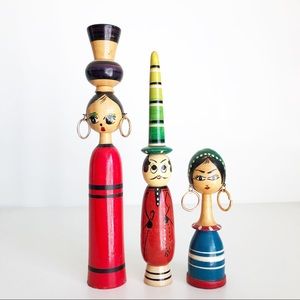 Set of Three Vintage Hand Painted Wooden Dolls